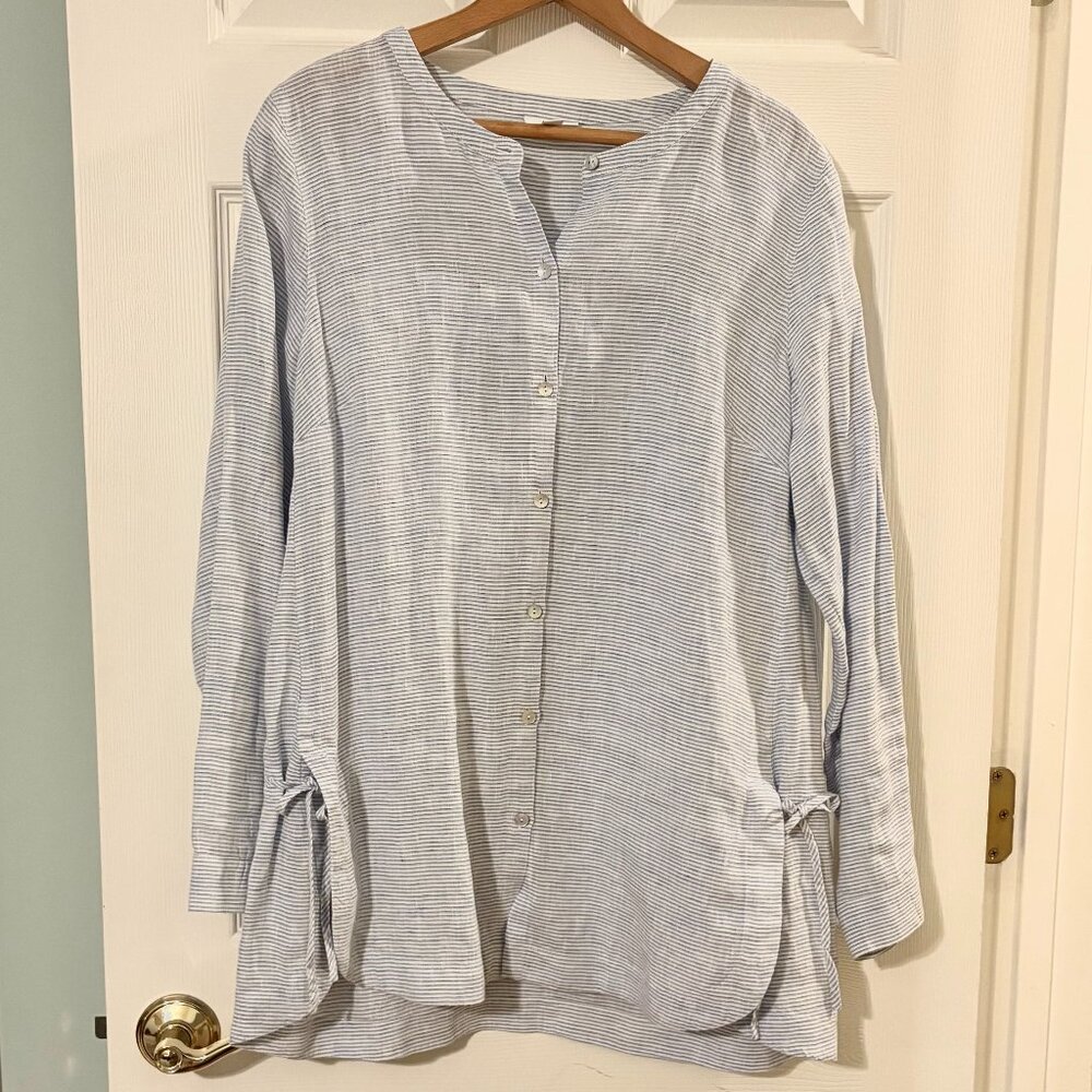 J.Jill Love Linen Blue & White tiny-stripes Blouse tunic Sz M